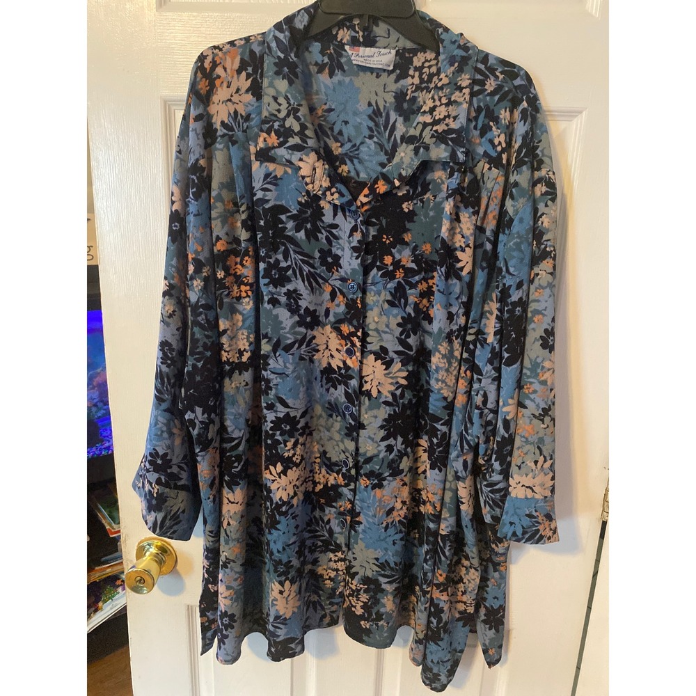 A Personal Touch Floral Button Down Blouse Blue Navy Peach Tunic Made in USA